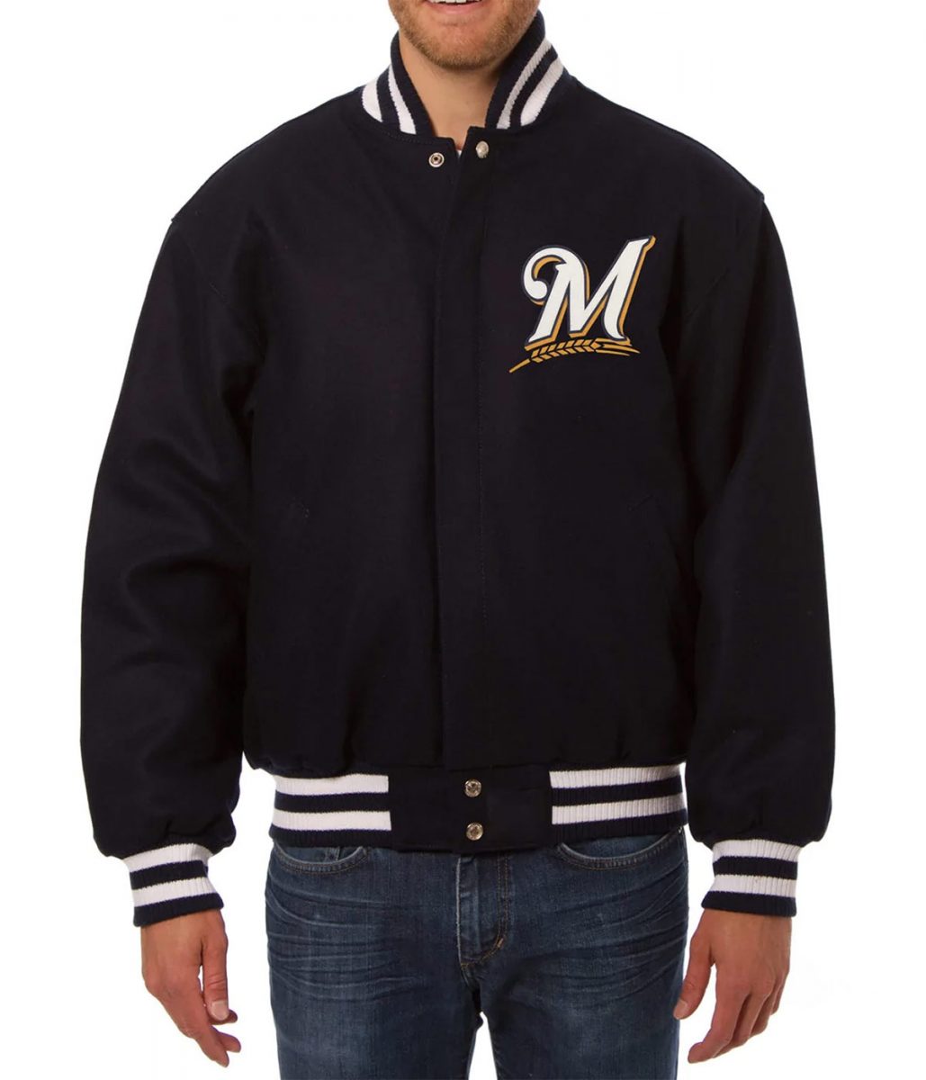 Navy Blue Milwaukee Brewers Handcrafted Logo Varsity Jacket