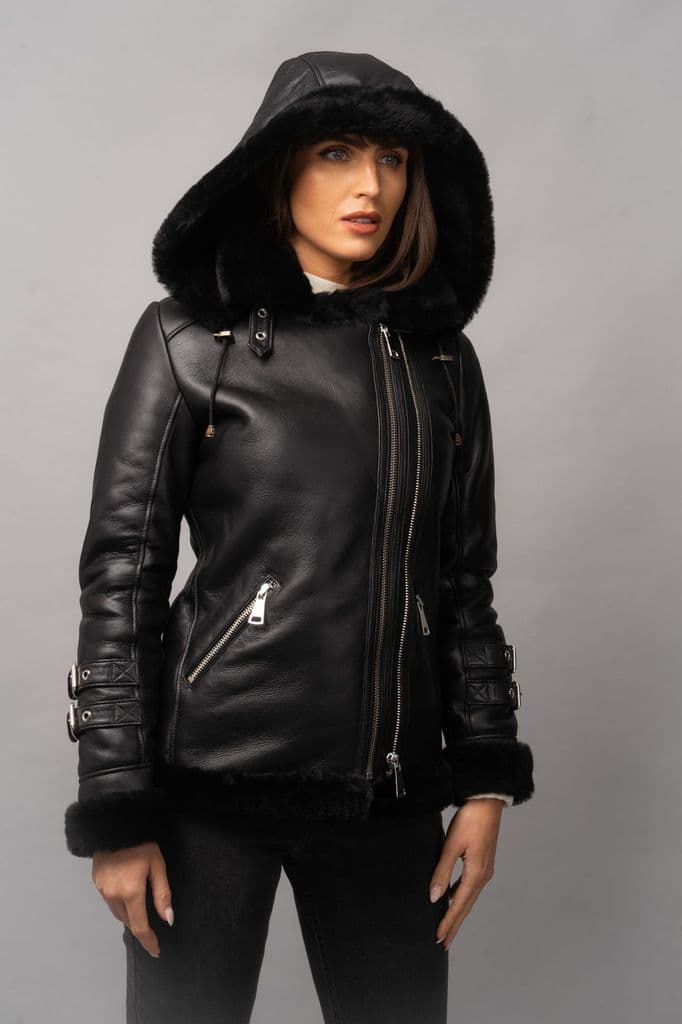 Shop Women Black Hooded Faux Shearling Leather Jacket