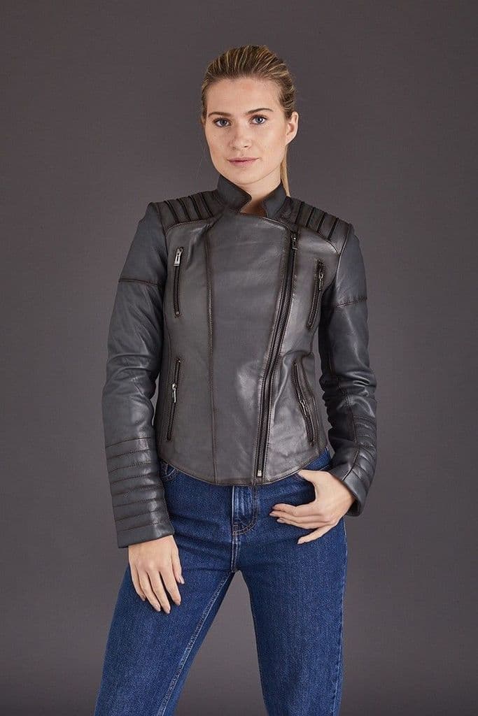 Shop Women Gray Motorcycle Leather Jacket