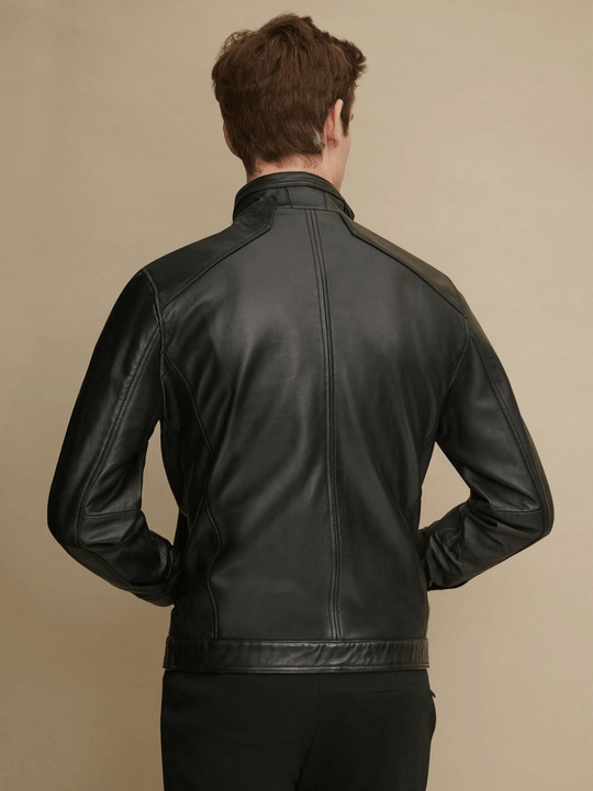 Shop Men's Stand Collar Style Black Glossy Leather Jacket
