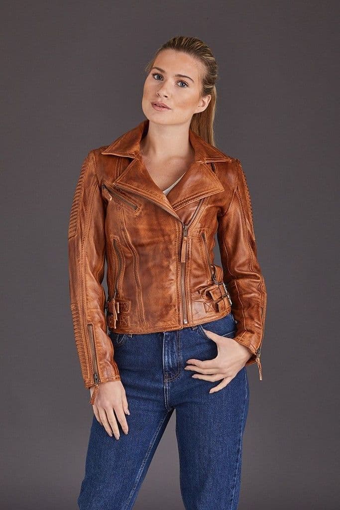 Shop Women Tan Biker Leather Jacket