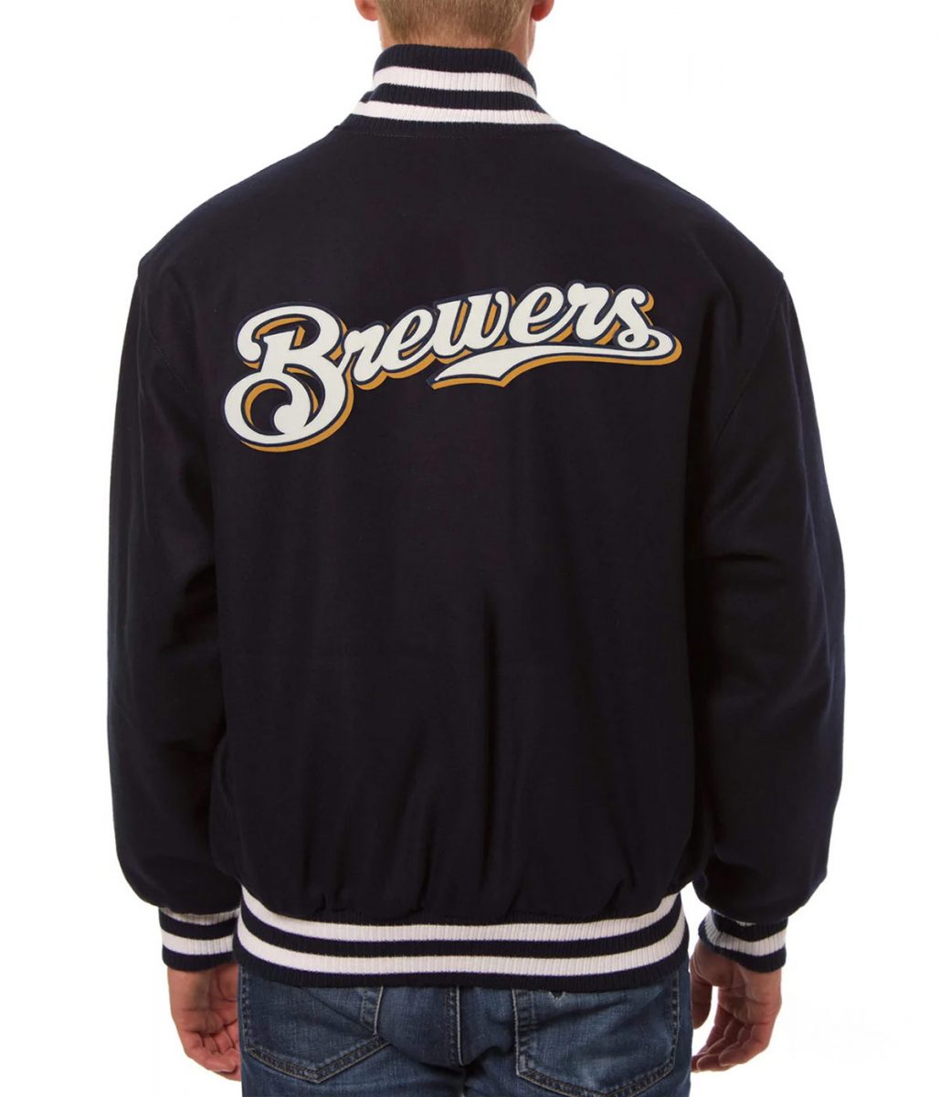 Navy Blue Milwaukee Brewers Handcrafted Logo Varsity Jacket