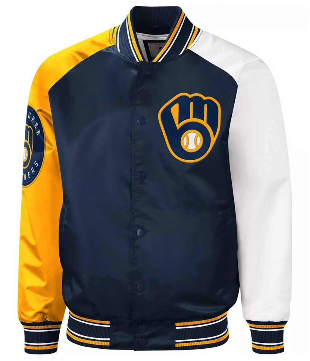 Milwaukee Brewers Reliever Satin Raglan Full-Snap Blue and Yellow Jacket