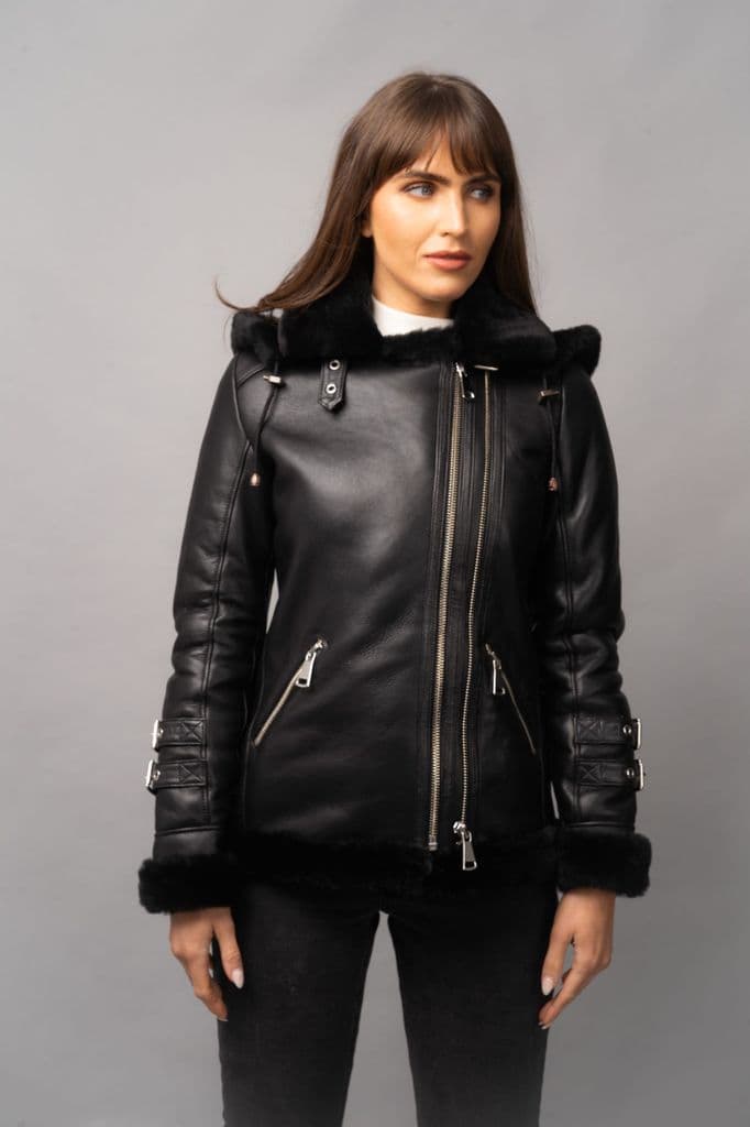 Shop Women Black Hooded Faux Shearling Leather Jacket