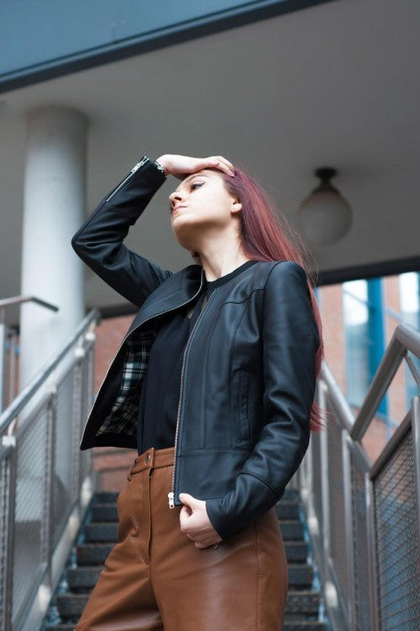 Shop Women Black Casual Bomber Leather Jacket