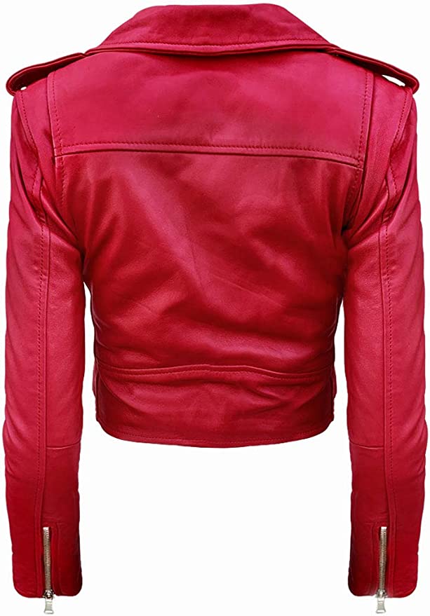 Shop Women Red Detachable Faux Fur Collar Moto Leather Jacket
