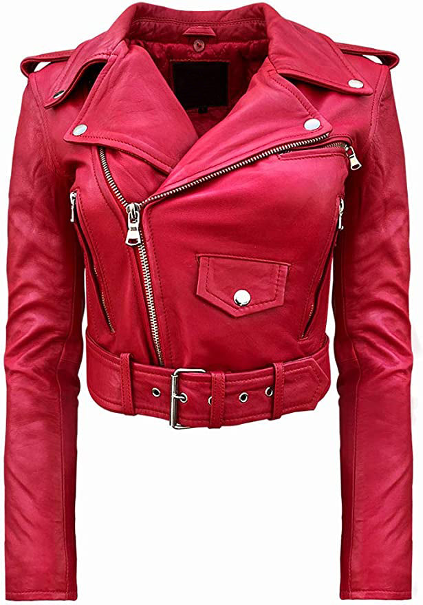 Shop Women Red Detachable Faux Fur Collar Moto Leather Jacket