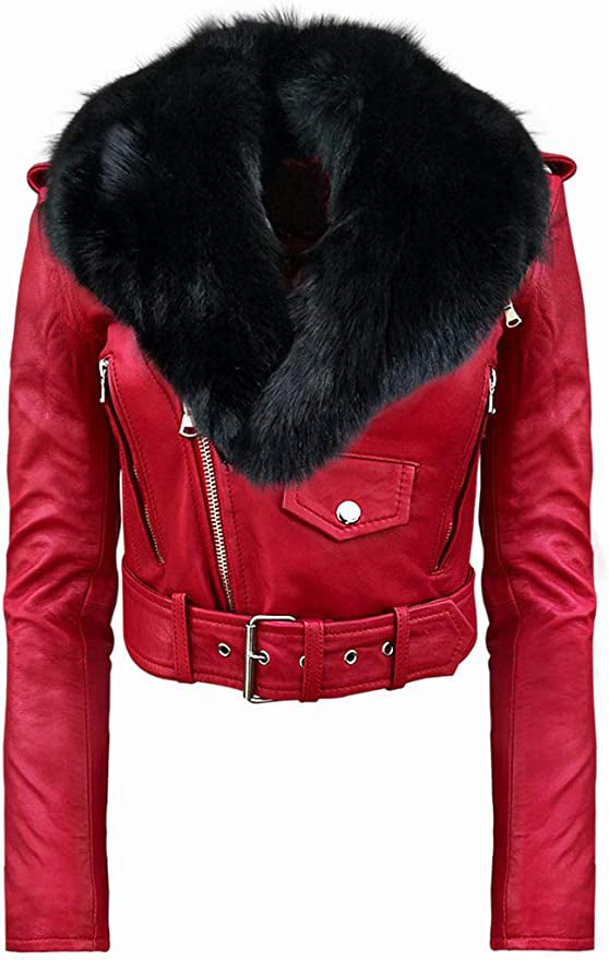 Shop Women Red Detachable Faux Fur Collar Moto Leather Jacket