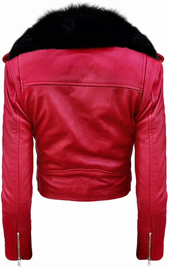 Shop Women Red Detachable Faux Fur Collar Moto Leather Jacket