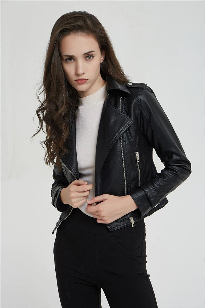 Shop Short Slim Zipper Biker Leather Jacket