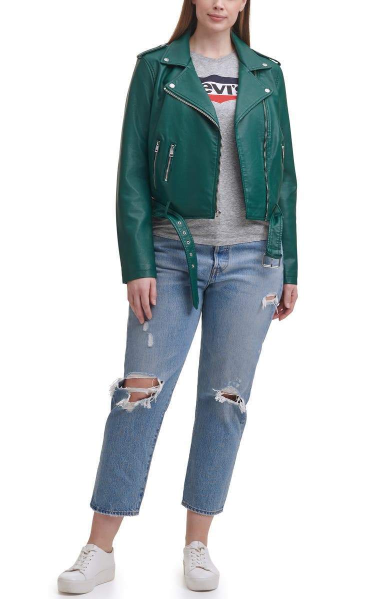 Shop Water Repellent Leather Fashion Belted Moto Jacket