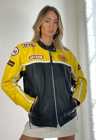 Shop Vintage Y2k Leather Racing Biker Jacket Black Yellow by TJS
