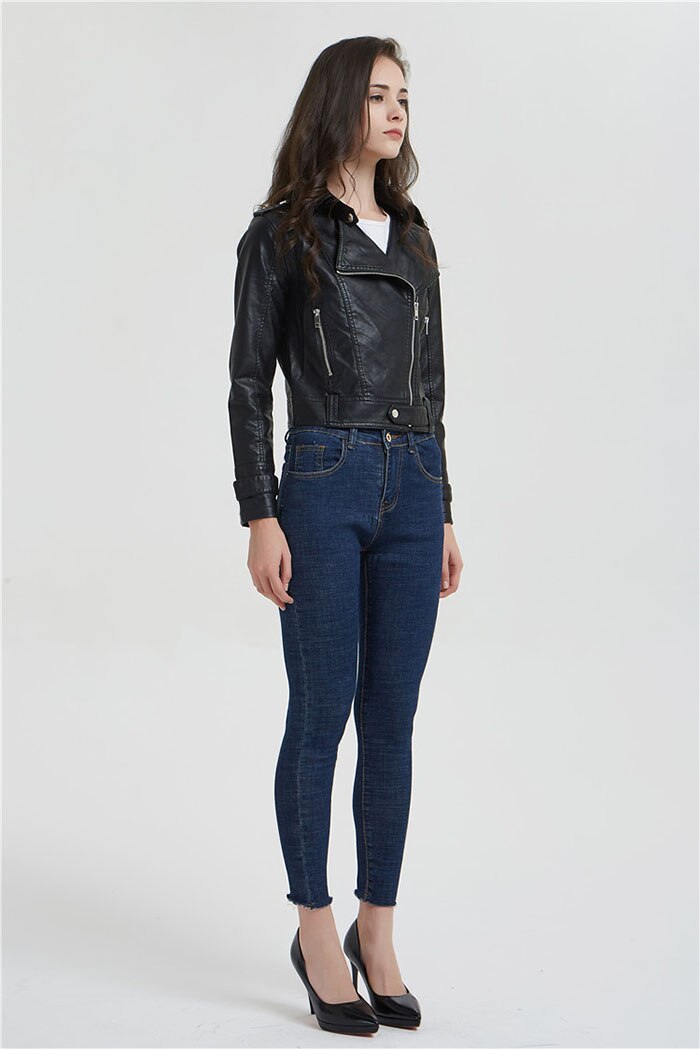 Shop Short Slim Zipper Biker Leather Jacket