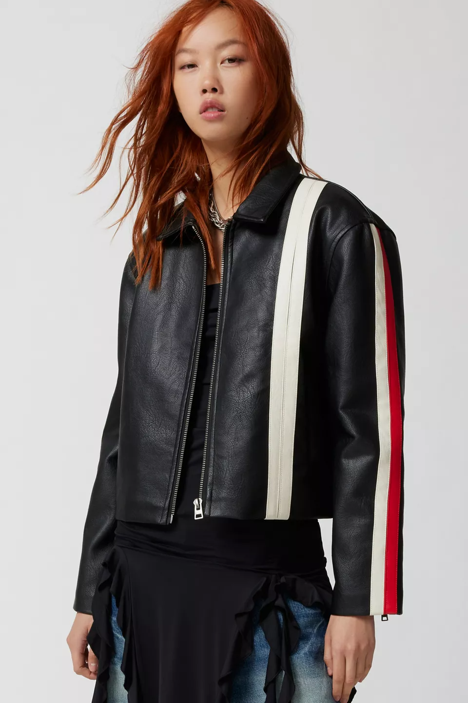 Shop UO Lowson Faux Leather Stripe Racer Moto Jacket