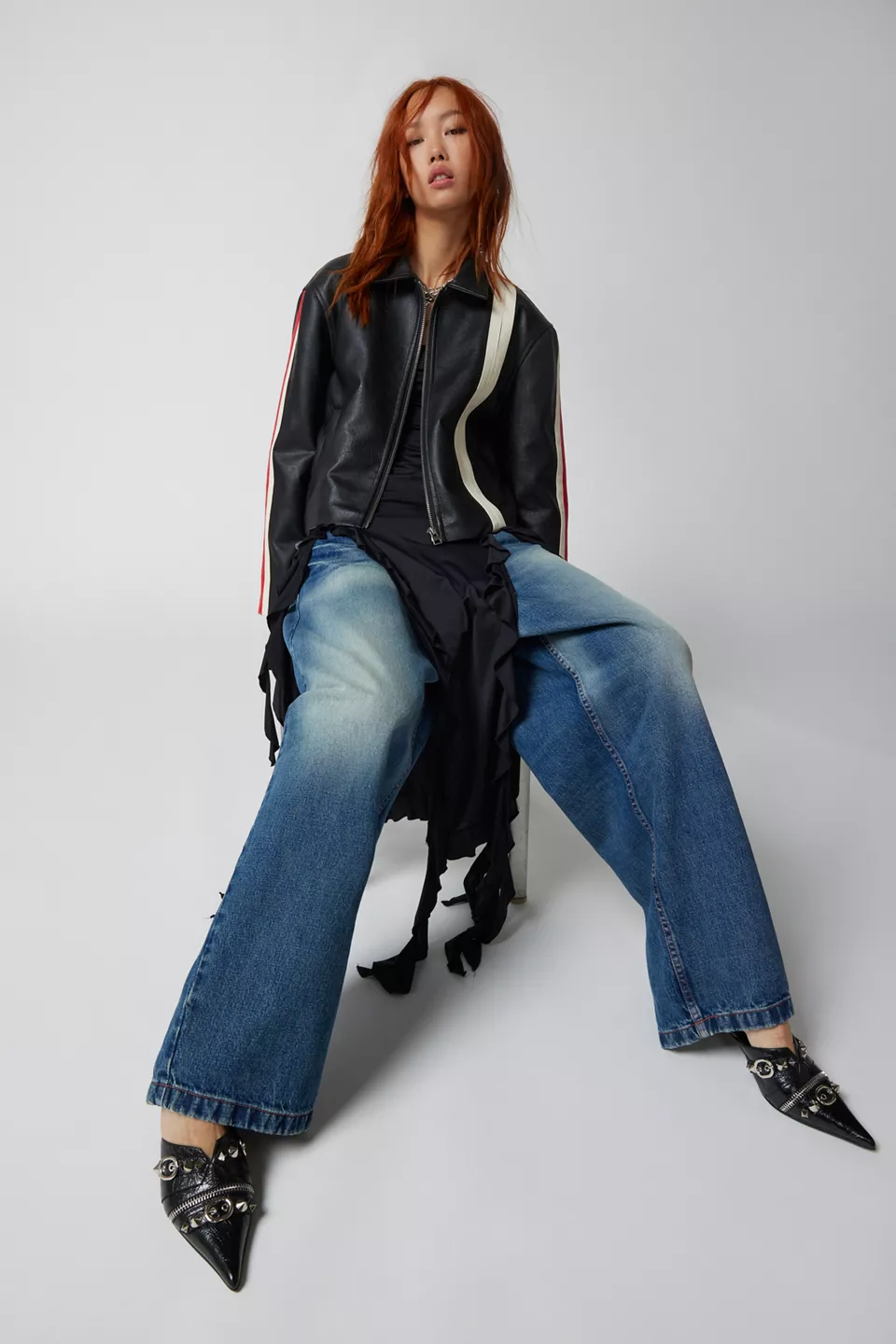 Shop UO Lowson Faux Leather Stripe Racer Moto Jacket