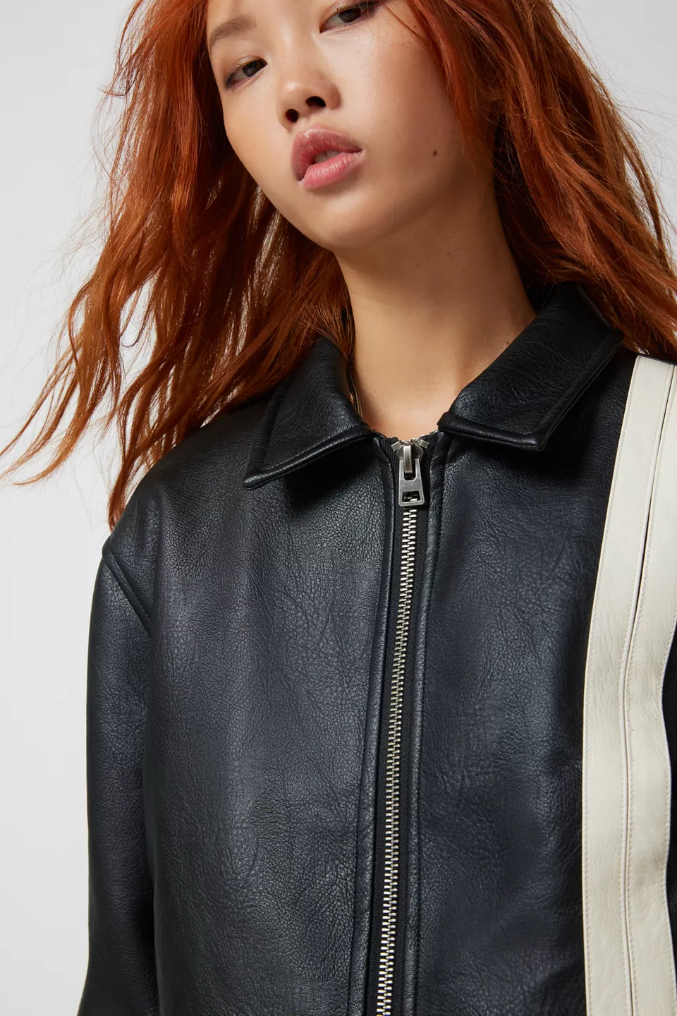 Shop UO Lowson Faux Leather Stripe Racer Moto Jacket