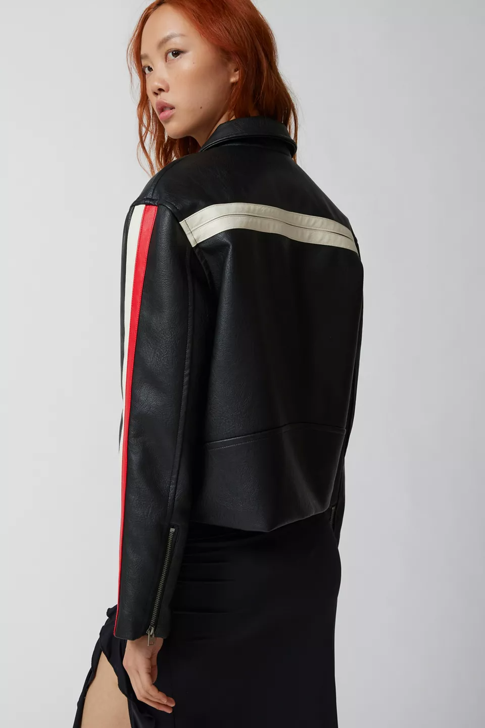 Shop UO Lowson Faux Leather Stripe Racer Moto Jacket