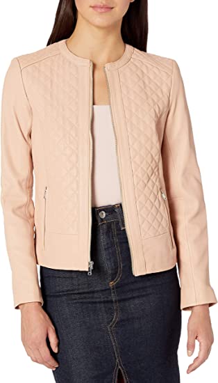 Shop Women's Jewel Neck Quilted Leather Jacket