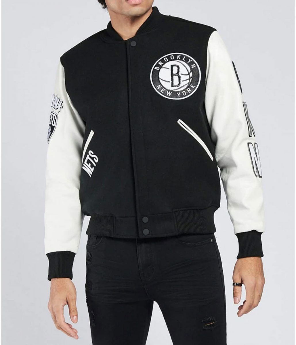 Shop Brooklyn Nets Logo Black and White Letterman Jacket