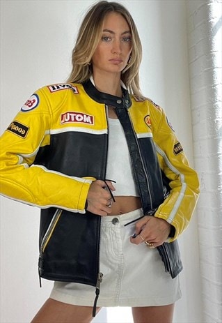 Shop Vintage Y2k Leather Racing Biker Jacket Black Yellow by TJS