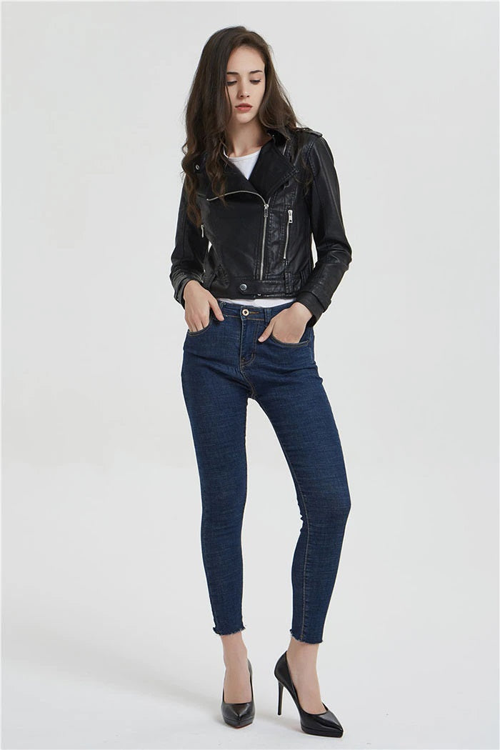 Shop Short Slim Zipper Biker Leather Jacket