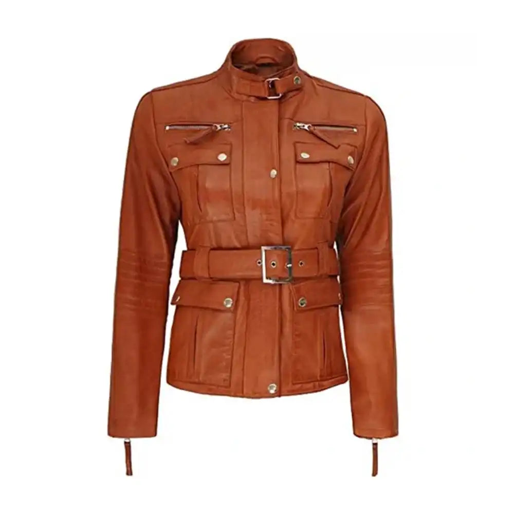 Shop Women Brown Belted Leather Jacket