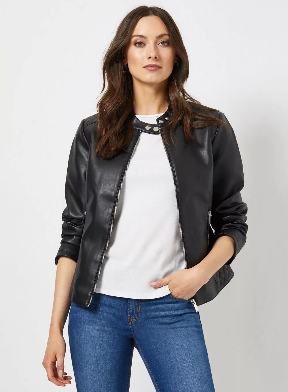 Shop Plain Stylish Black Trending Bomber Leather Jacket For Women