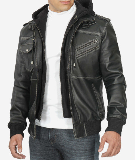 Shop Trending Men's Leather Bomber Jacket With Removable Hood