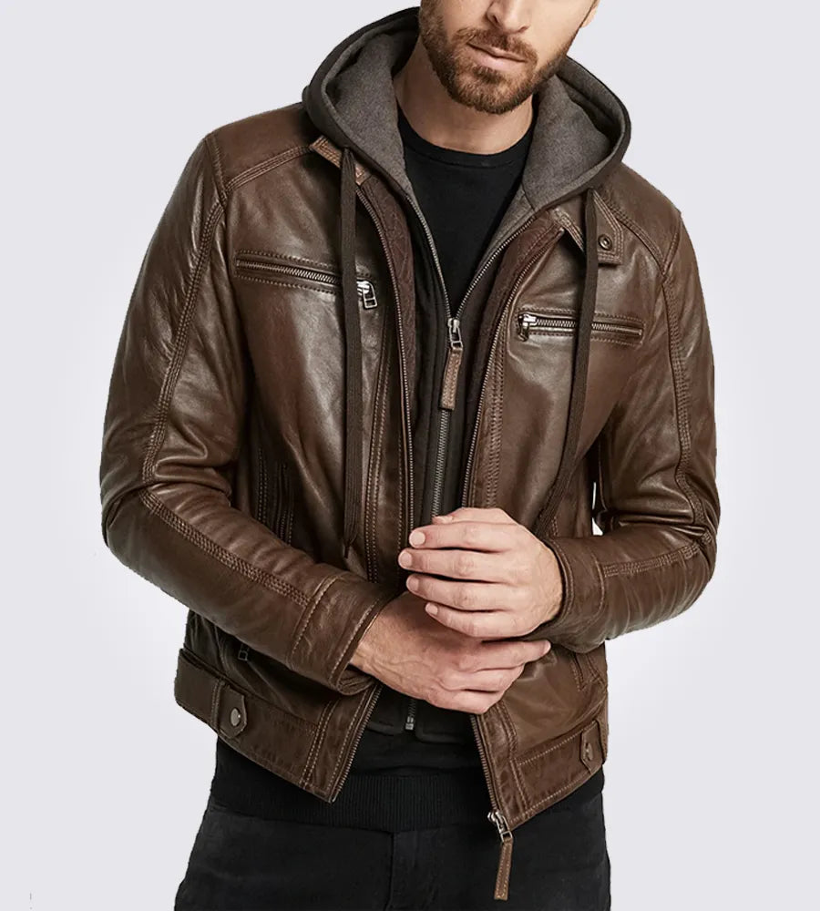 Shop Dark Brown Hooded Motorcycle Leather Jacket