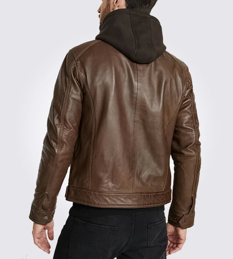 Shop Dark Brown Hooded Motorcycle Leather Jacket