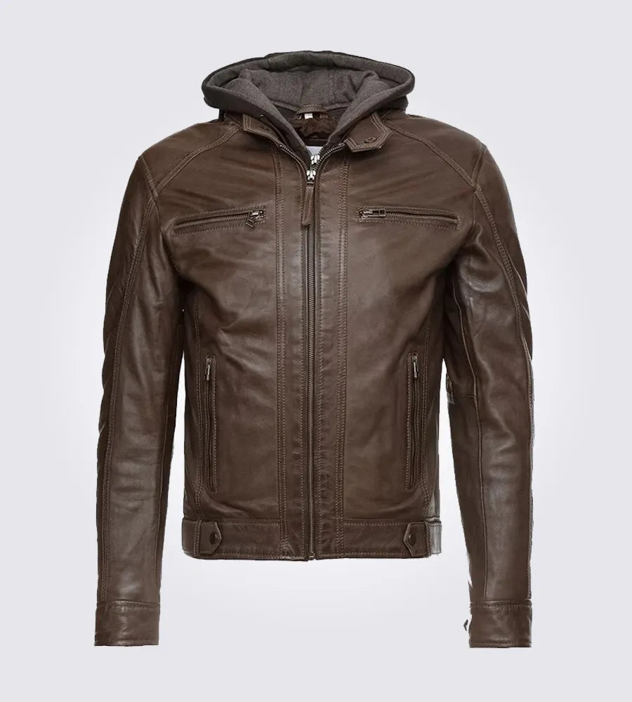 Shop Dark Brown Hooded Motorcycle Leather Jacket