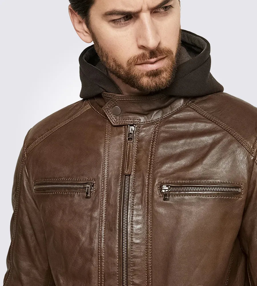 Shop Dark Brown Hooded Motorcycle Leather Jacket