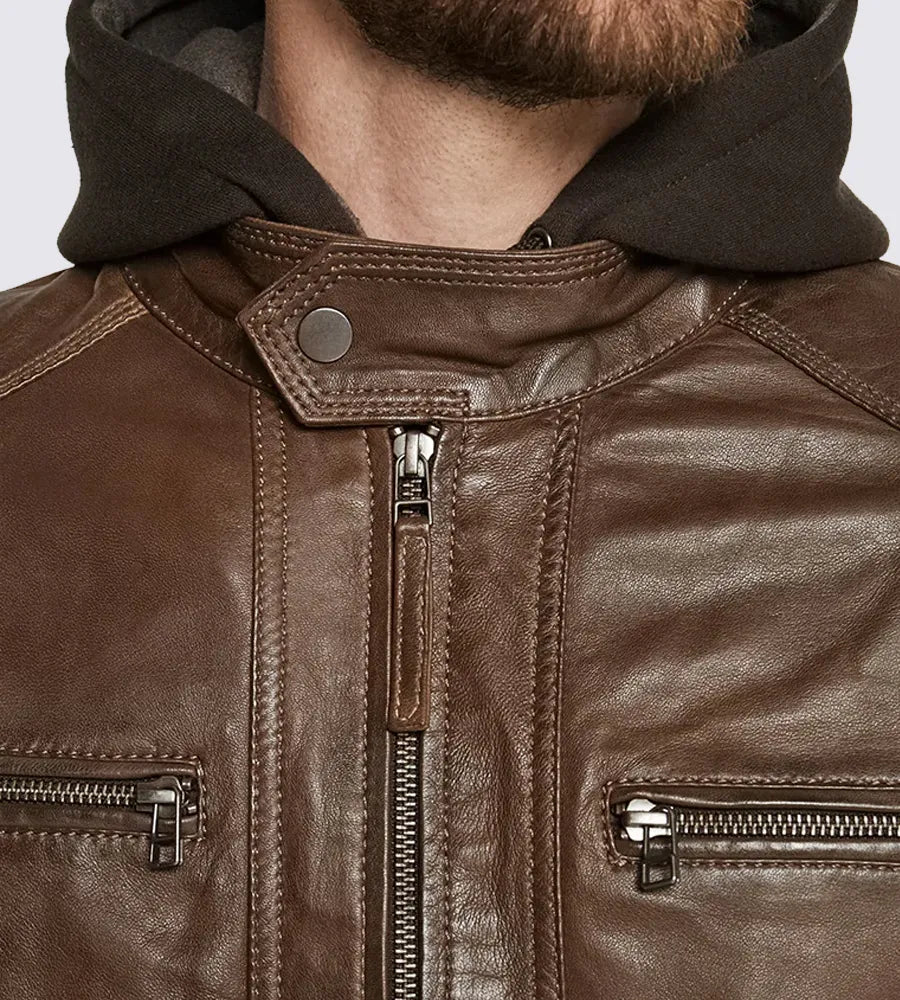 Shop Dark Brown Hooded Motorcycle Leather Jacket