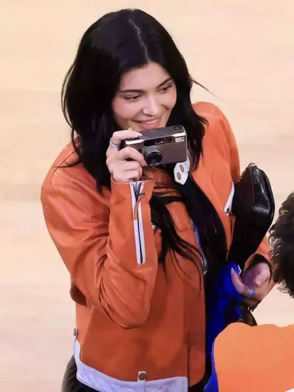 Shop Kylie Jenner Knicks Game 2025-26 Leather Jacket