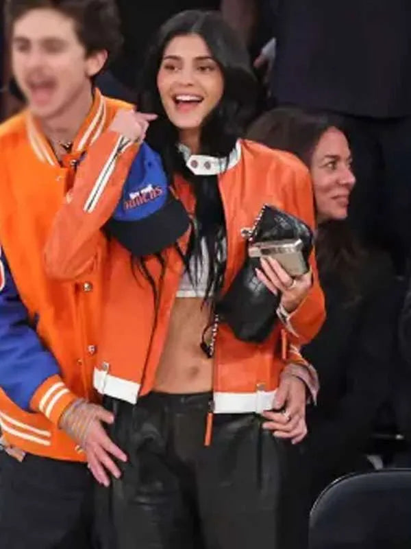 Shop Kylie Jenner Knicks Game 2025-26 Leather Jacket