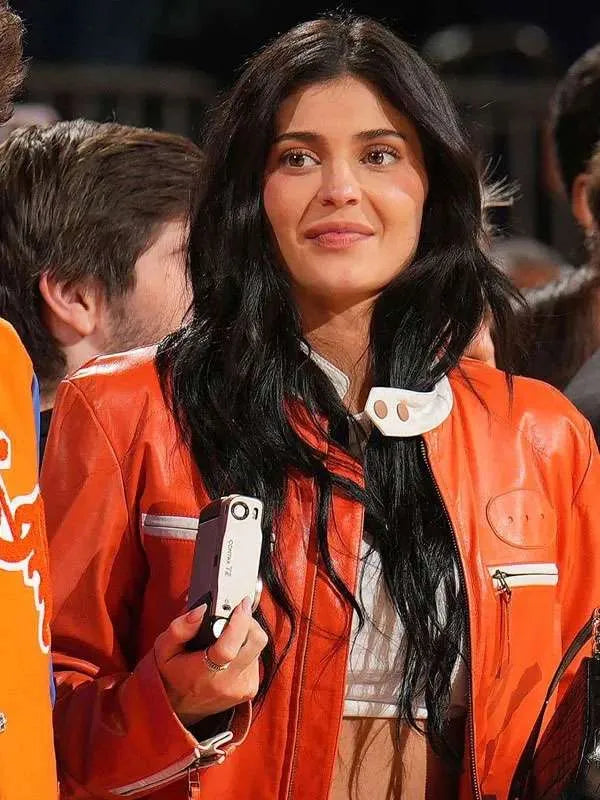 Shop Kylie Jenner Knicks Game 2025-26 Leather Jacket