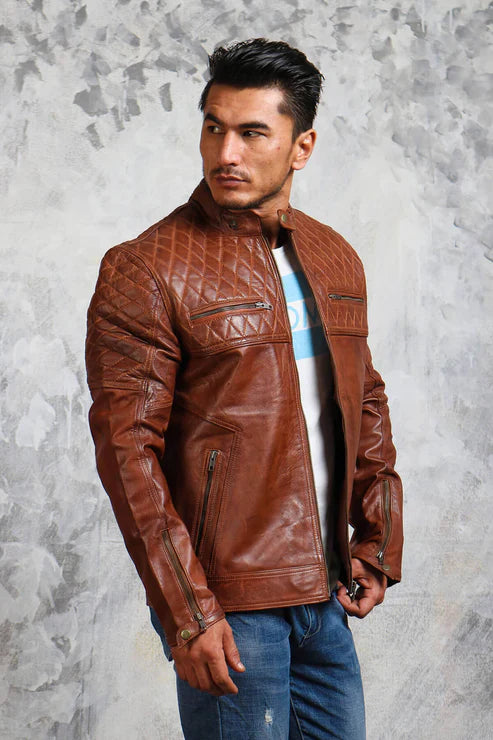Shop Brown Biker Quilted Leather Jacket