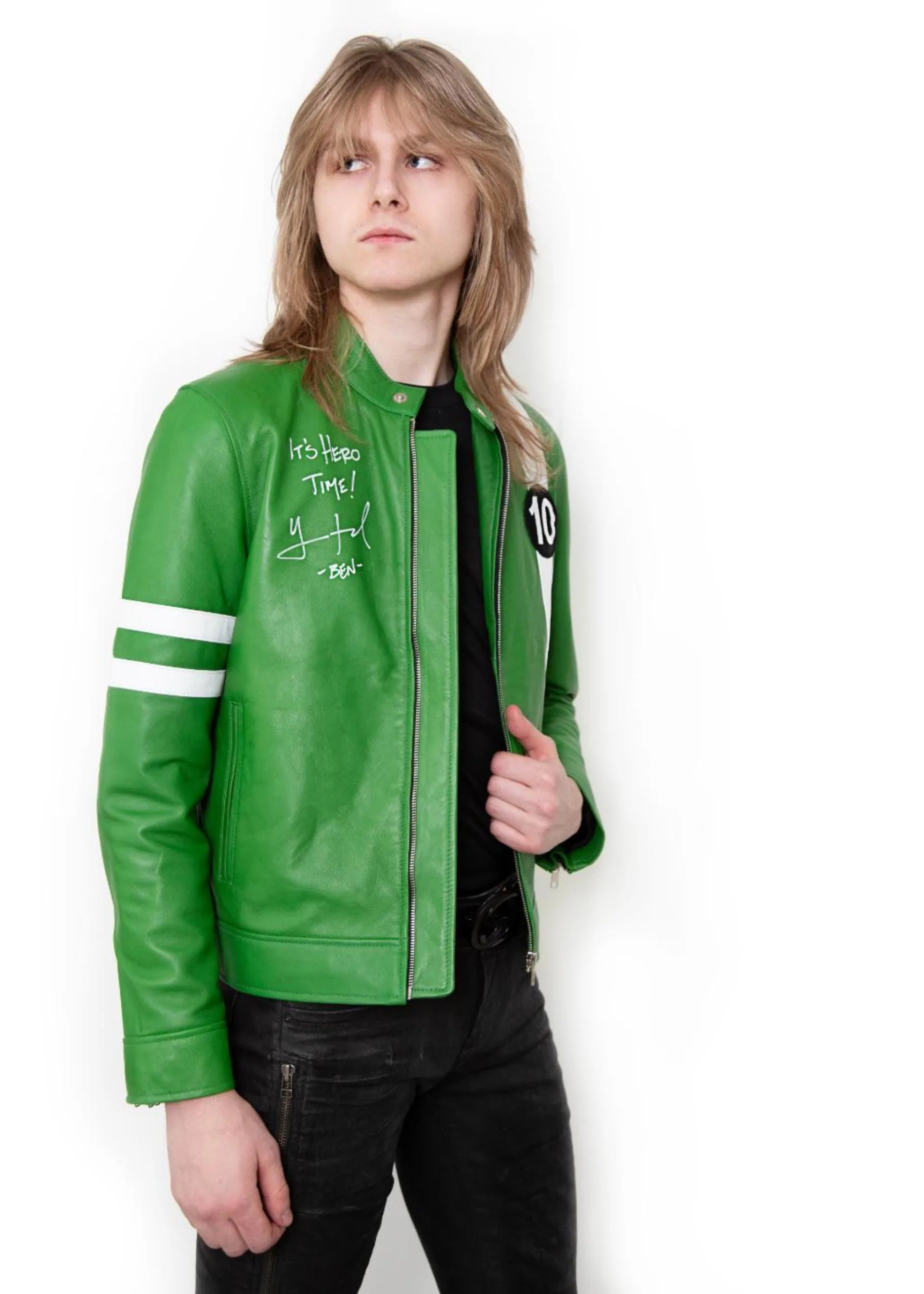 Mens Alien Green Ben 10 Leather Jacket – Autographed by Yuri Lowenthal