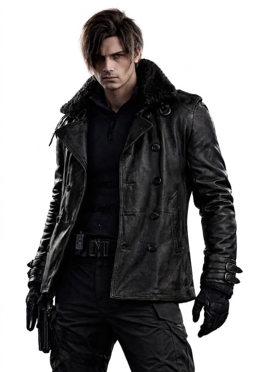Leon S Kennedy Evil Leather Jacket Resident 9 Requiem - Handmade shearling Fur Collar