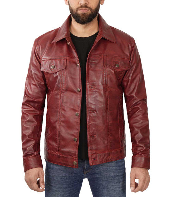 Shop Maroon Trucker Leather Jacket By TJS