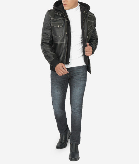 Shop Trending Men's Leather Bomber Jacket With Removable Hood
