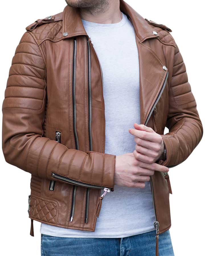 Shop SLIM FIT GENUINE BROWN MOTORCYCLE LEATHER JACKET