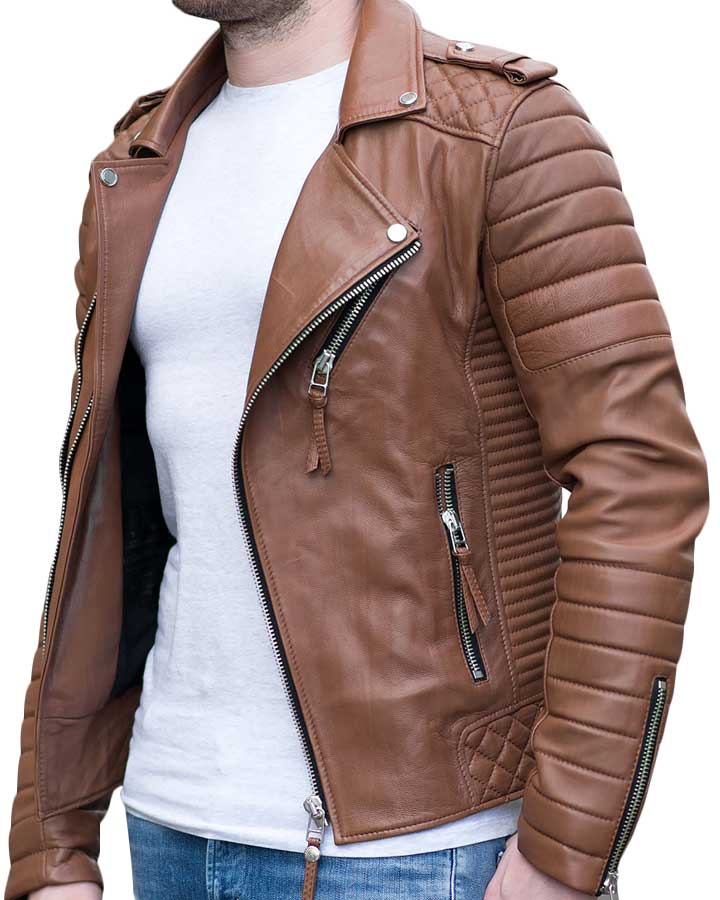 Shop SLIM FIT GENUINE BROWN MOTORCYCLE LEATHER JACKET