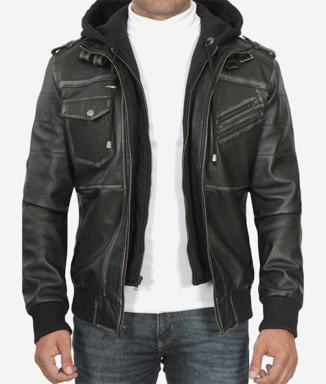 Shop Trending Men's Leather Bomber Jacket With Removable Hood
