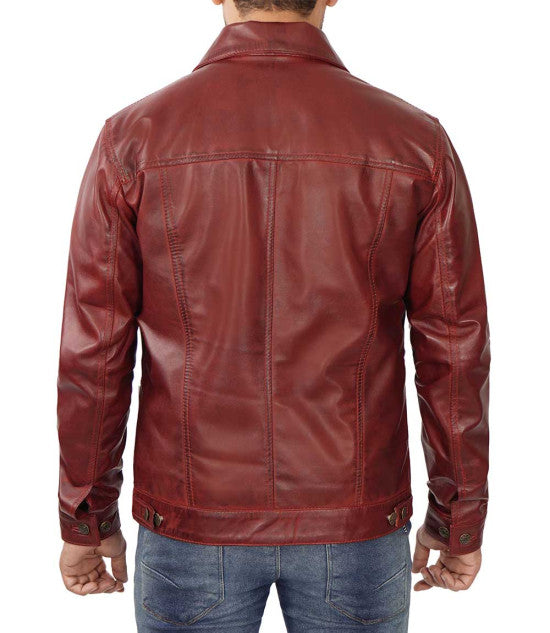 Shop Maroon Trucker Leather Jacket By TJS