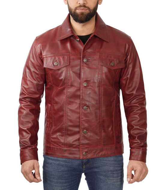 Shop Maroon Trucker Leather Jacket By TJS