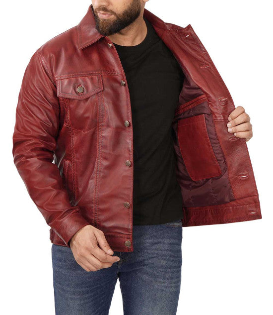Shop Maroon Trucker Leather Jacket By TJS