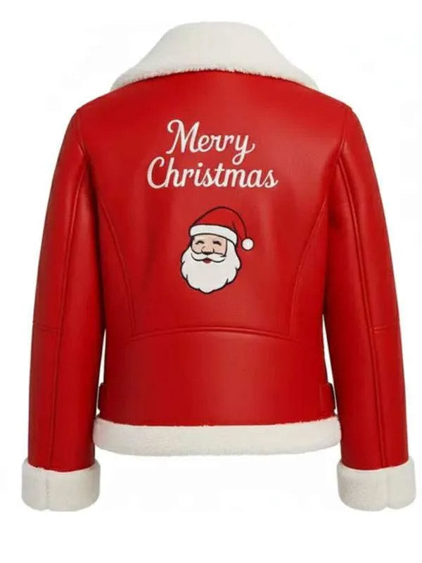 Festive Red Christmas Biker Jacket with Santa & Sherpa Trim