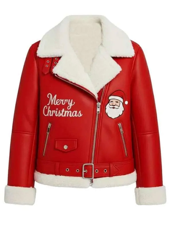 Festive Red Christmas Biker Jacket with Santa &amp; Sherpa Trim