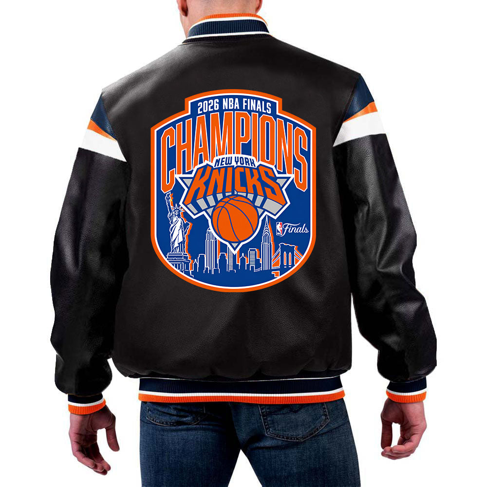 Shop NBA New York Knicks 2026 Champion Leather Jacket For Men and Women
